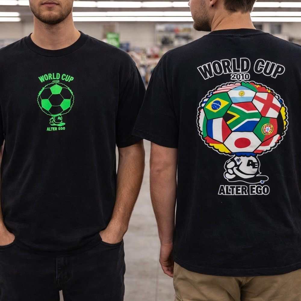 World Cup 2010 Soccer Graphic Tee Alter Ego Black Vintage Style Shirt Size Large